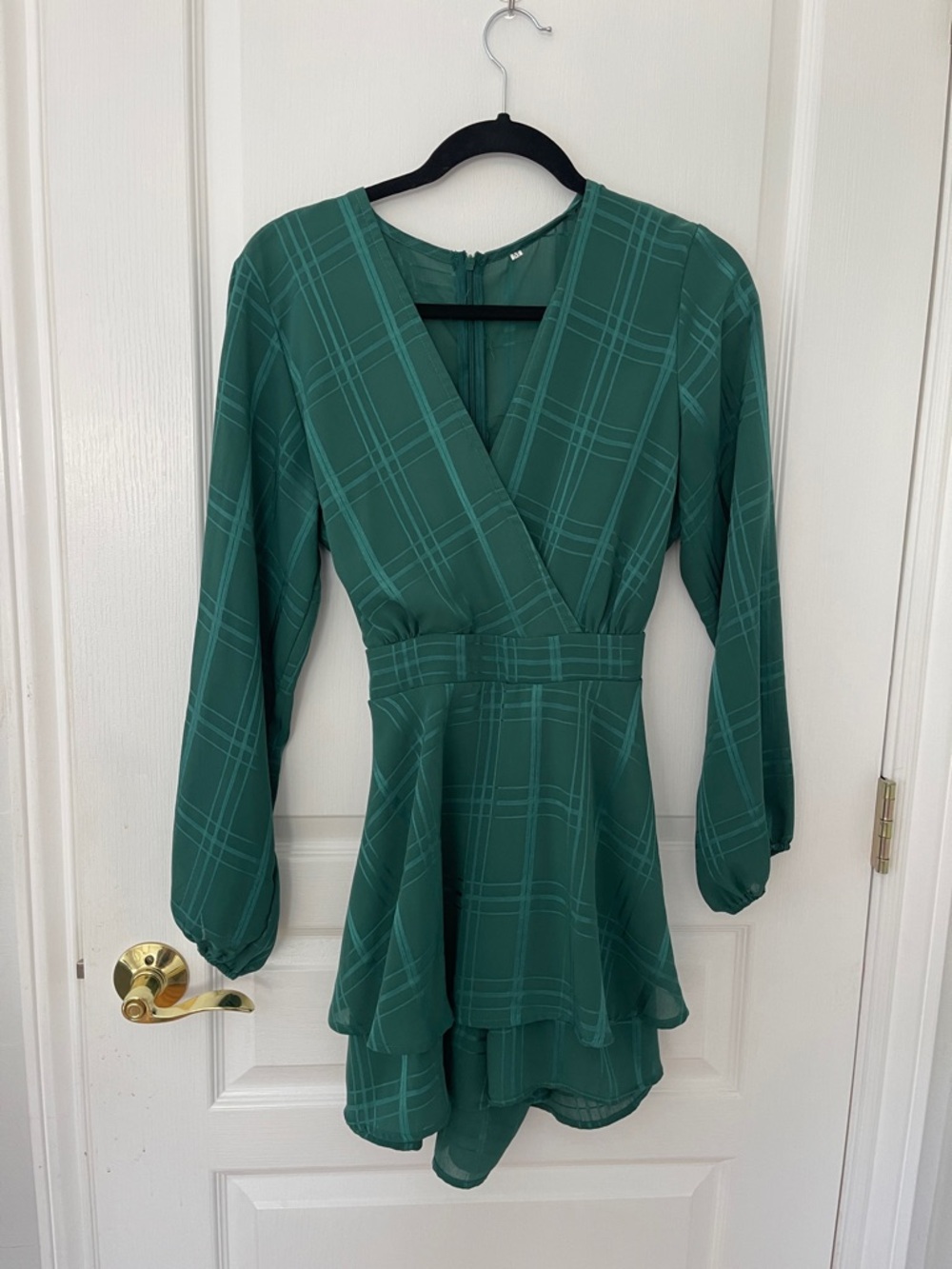 Green Plaid Wrap-Style Long Sleeve Romper